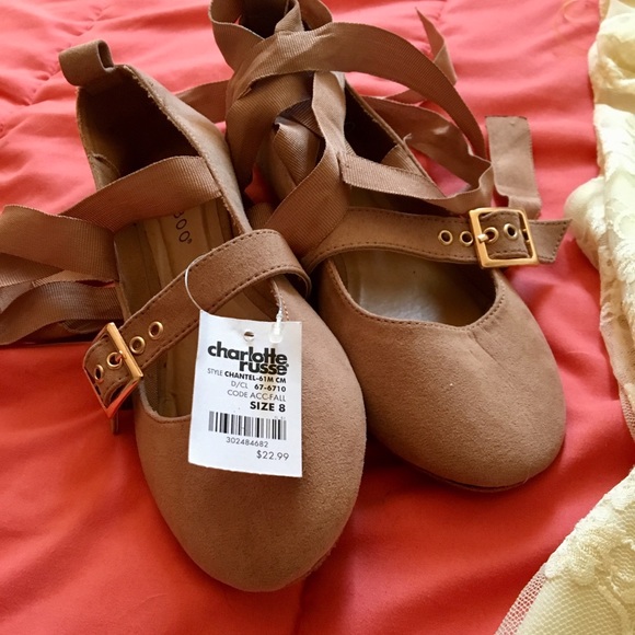 Tan Ballet style Flats with ribbon ties - Picture 2 of 3